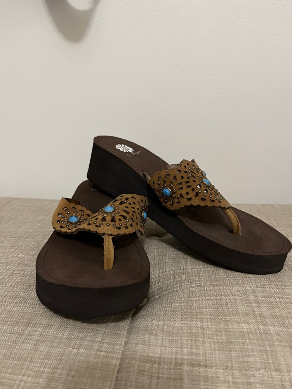 Yellow Box Tan Suede Wedge Thong Sandals with Turquoise Accents